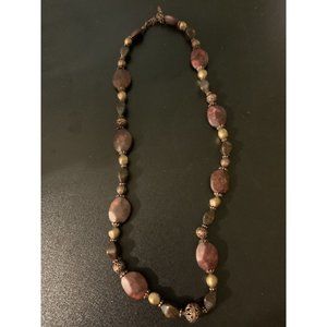 VCLM Vintage Boho Necklace, Large Wood Grain & Filigree Beads, Signed